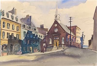 Watercolor of a City Scene Signed and Dated Russ Conn 1948