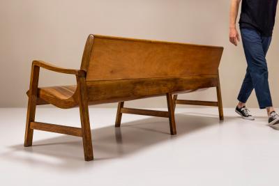 Wave Shaped Bench in Walnut with Two tone Veneering Italy 1950s