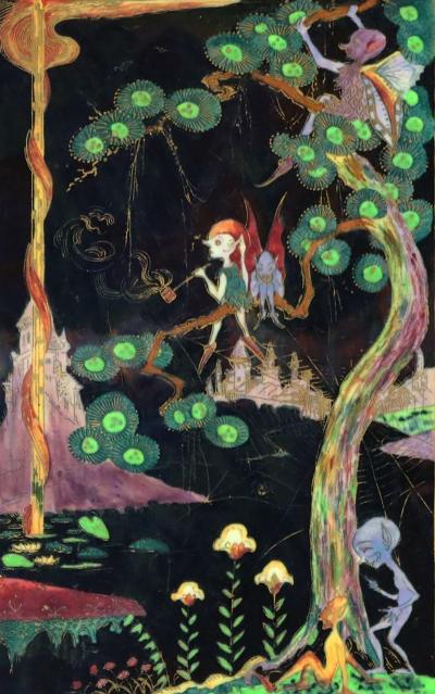 Wedgwood Fairyland Lustre Elves in a Pine Tree Plaque