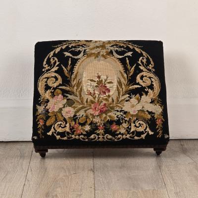 Well Carved French Louis XVI Style Footstool with Old Needlepoint circa 1850