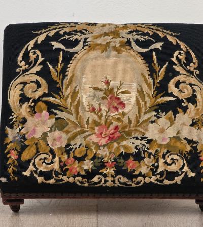 Well Carved French Louis XVI Style Footstool with Old Needlepoint circa 1850