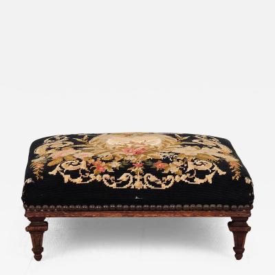 Well Carved French Louis XVI Style Footstool with Old Needlepoint circa 1850