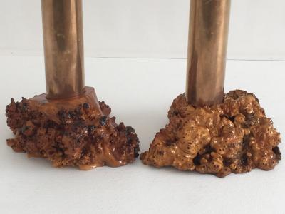 Wendell Castle Pair of Studio Craft Cylindrical Brass and Burlwood Lamps