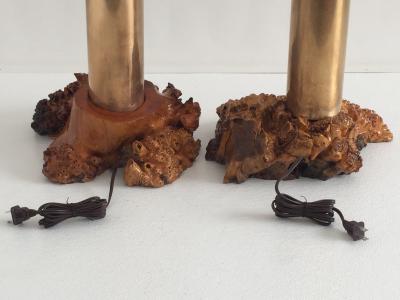 Wendell Castle Pair of Studio Craft Cylindrical Brass and Burlwood Lamps