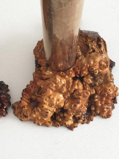 Wendell Castle Pair of Studio Craft Cylindrical Brass and Burlwood Lamps