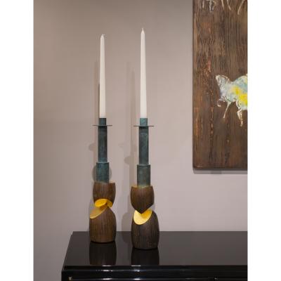 Wendell Castle Wendell Castle Rare Pair of Candle Holders with Gold Leaf 1990 Signed Dated 