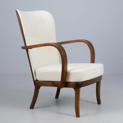 Werner West Werner West Arm Chair in Dark Stained Birch White Wool Wilh Schauman 1930s