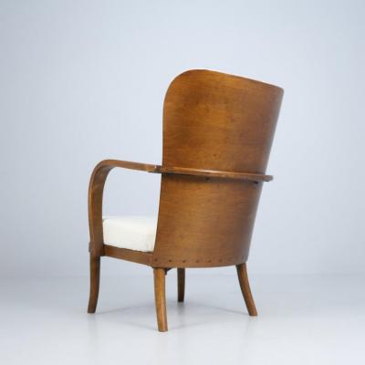 Werner West Werner West Arm Chair in Dark Stained Birch White Wool Wilh Schauman 1930s