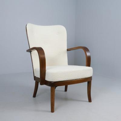 Werner West Werner West Arm Chair in Dark Stained Birch White Wool Wilh Schauman 1930s