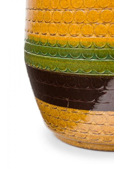 West German Mid Century Brown Gold and Green Textured Striped Glazed Ceramic Vas