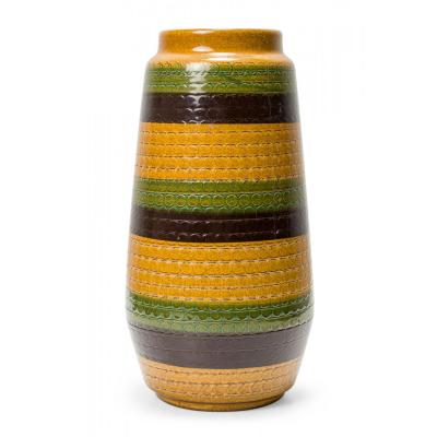 West German Mid Century Brown Gold and Green Textured Striped Glazed Ceramic Vas