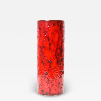 West German Mid Century Cylindrical Black and Red Fat Lava Glazed Ceramic Vase