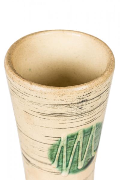 West German Mid Century Thin Black Stripe and Green Circle Pattern Beige Ceramic