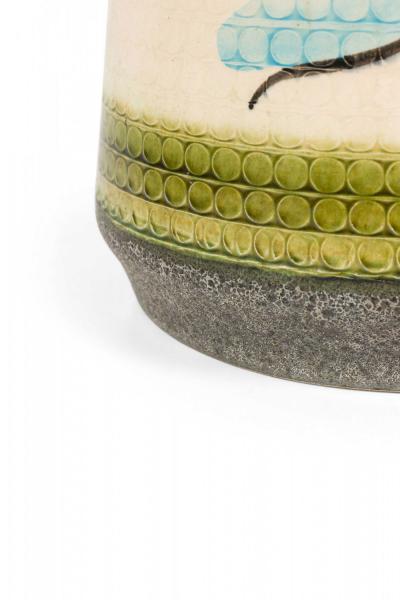 West German Mid Century Yellow and Green Floral Design Banded Gray Glazed Cerami