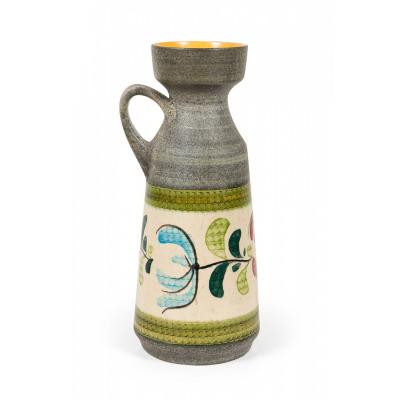 West German Mid Century Yellow and Green Floral Design Banded Gray Glazed Cerami