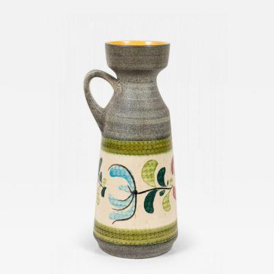 West German Mid Century Yellow and Green Floral Design Banded Gray Glazed Cerami
