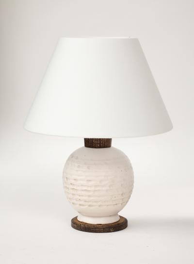 White Ceramic Lamp with Limed Oak Bronze Hardware France c 1940