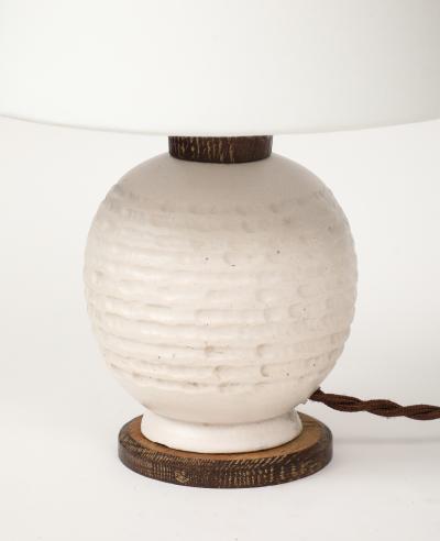 White Ceramic Lamp with Limed Oak Bronze Hardware France c 1940
