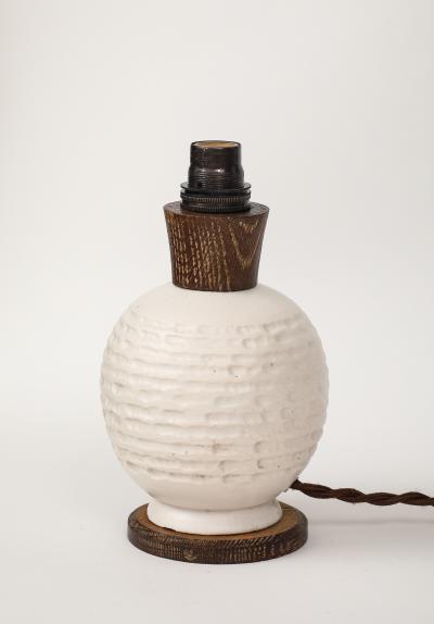 White Ceramic Lamp with Limed Oak Bronze Hardware France c 1940
