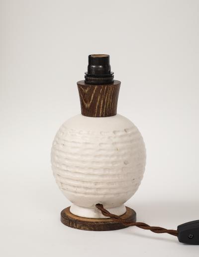 White Ceramic Lamp with Limed Oak Bronze Hardware France c 1940