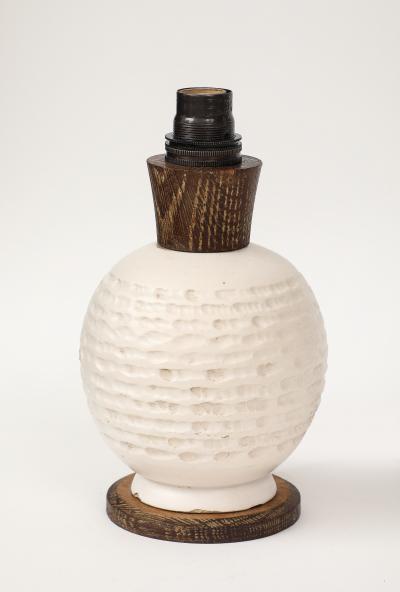 White Ceramic Lamp with Limed Oak Bronze Hardware France c 1940