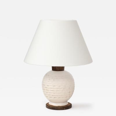 White Ceramic Lamp with Limed Oak Bronze Hardware France c 1940