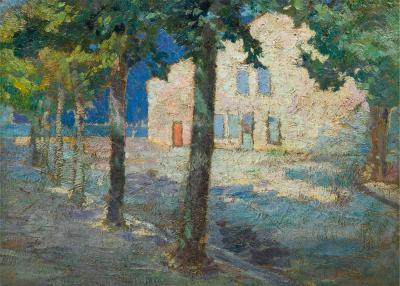 White House on a Tree Lined Street Fauvist School