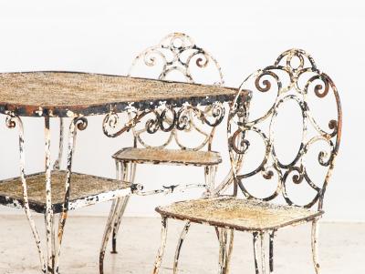 White Scrollwork Garden Dining Table and Four Chairs France 1940s