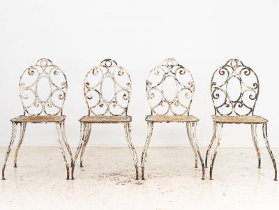 White Scrollwork Garden Dining Table and Four Chairs France 1940s