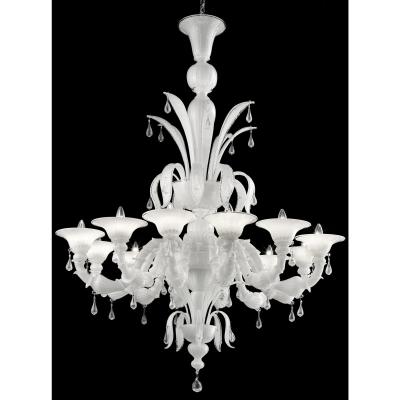 White Venetian Ca Rezzonico Murano Glass Chandelier With Clear Glass Drops