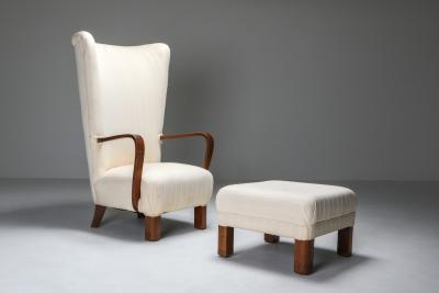 White Wingback Chair With Ottoman 1950s