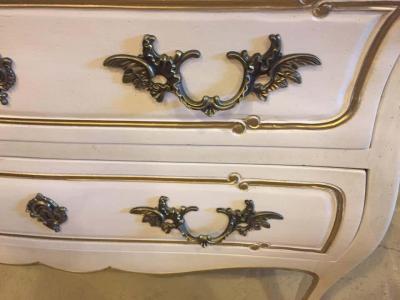 White and Gilt Decorated Louis XV Style Bombe Commode