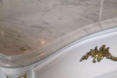 White and Gilt Gold Decorated Louis XV Style Bombe Dresser Carrara Marble Top
