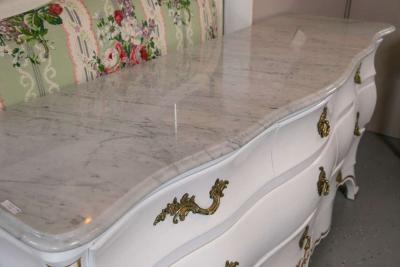White and Gilt Gold Decorated Louis XV Style Bombe Dresser Carrara Marble Top