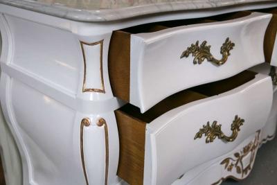 White and Gilt Gold Decorated Louis XV Style Bombe Dresser Carrara Marble Top