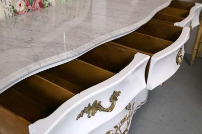 White and Gilt Gold Decorated Louis XV Style Bombe Dresser Carrara Marble Top