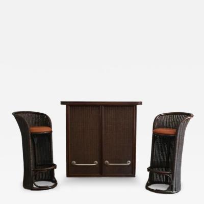 Wicker Bamboo Bar Cabinet with Leather Stools Italy 1970s