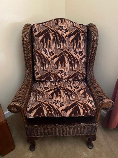 Wicker High Back Art Deco Chair and Stool with Original Fabric