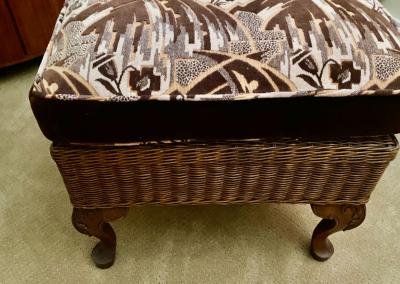 Wicker High Back Art Deco Chair and Stool with Original Fabric