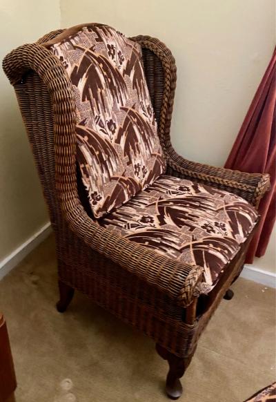 Wicker High Back Art Deco Chair and Stool with Original Fabric