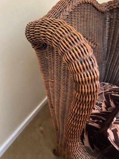 Wicker High Back Art Deco Chair and Stool with Original Fabric