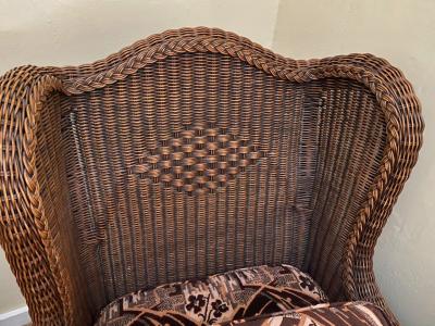 Wicker High Back Art Deco Chair and Stool with Original Fabric