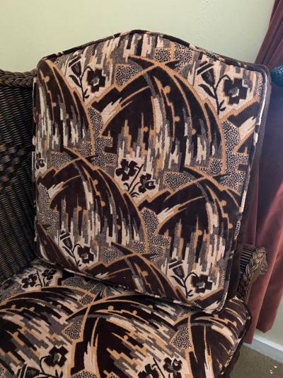 Wicker High Back Art Deco Chair and Stool with Original Fabric