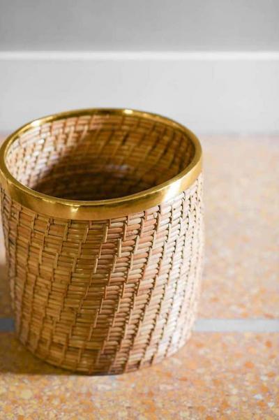 Wicker and brass vase holder 1980s