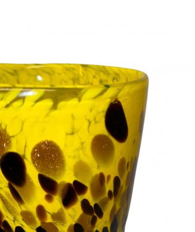 Wide Hand Blown Yellow with Black and Amber Speckles Murano Glass Vase