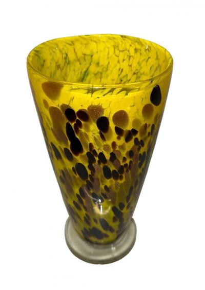 Wide Hand Blown Yellow with Black and Amber Speckles Murano Glass Vase