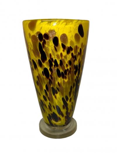 Wide Hand Blown Yellow with Black and Amber Speckles Murano Glass Vase