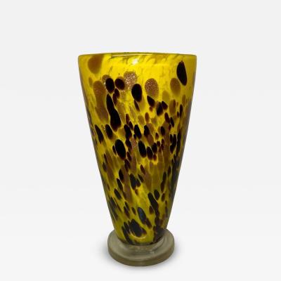 Wide Hand Blown Yellow with Black and Amber Speckles Murano Glass Vase