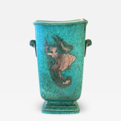 Wilhelm K ge GREEN GLAZED CERAMIC AND SILVER ARGENTA VASE BY WILHELM KAGE FOR GUSTAVSBERG