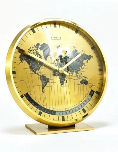 Wilhelm Kienzle Kienzle GMT World Time Zone Brass Table Clock Midcentury Germany 1960s